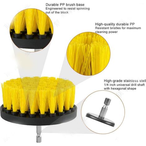 Lot jaune 3 pièces 2/3,5/4 pouces pour perceuse, kit nettoyage cuisine salle de bain, set brosse électrique (1/5)