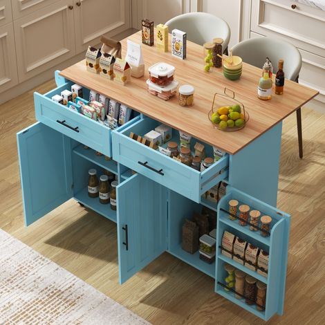 Buffet/vaisselier 129x46(71)x91,5cm – Bois massif – Bleu – Plan rabattable – Roulettes – Pieds interchangeables (1/5)