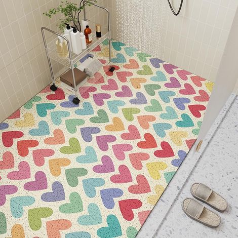 Tapis de Douche Antiderapant, Séchage Rapide Tapis de Douche en PVC Luffa avec Drain, Tapis de Bain Doux et Mignon pour Personnes âgées et Enfants (Cœurs colorés, 40 x 60 cm) (1/5)