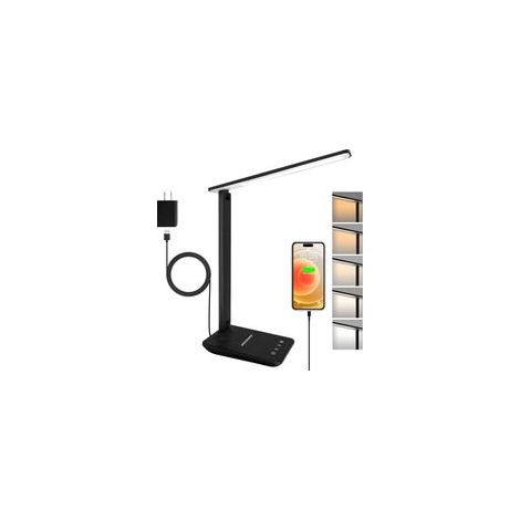 Lampe de bureau LED (noire) avec adaptateur, lampe de chevet pliable et réglable, 5 modes de couleur et 5 niveaux de luminosité, port de charge USB, adaptée à la lecture et au travail