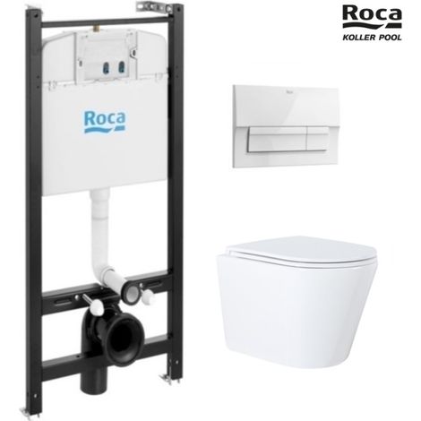 Bastidor ROCA duplo con cisterna empotrada y pulsador PL10 blanco mate con inodoro suspendido nebula black mate rimless (1/5)