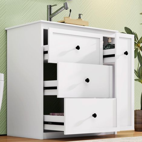 Lavabo autoportant 76x46x82 cm, blanc laqué, meuble vasque céramique intégré, tiroir latéral spacieux, rangement généreux, glissières silencieuses. (1/5)
