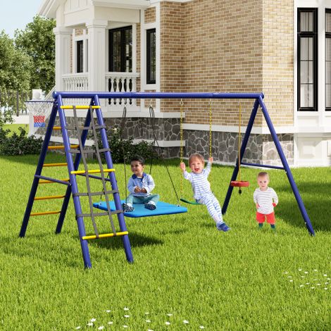 Ensemble de jeu extérieur, 3 balançoires + structure d’escalade + panier basket + balançoire suspendue + corde d’escalade