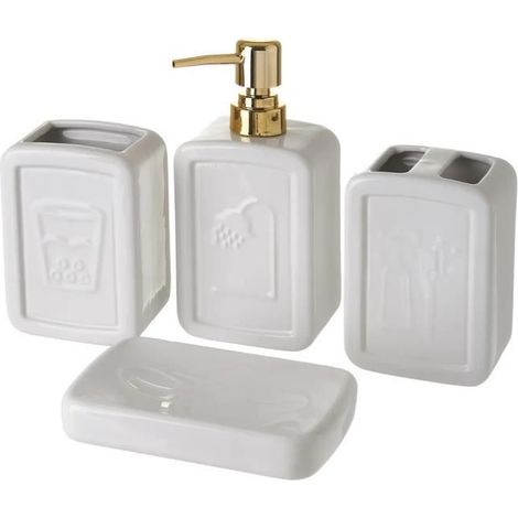 Ensemble d'accessoires salle de bain - JUANIO - 4 pièces - Céramique - Blanc/doré - Finition brillante