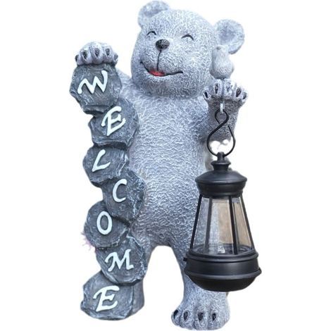 Statue Solaire de Jardin Ours Gris Ornament Outdoor, Figurine d'animal de Jardin avec Lumière Solaire, Ours Gris Décoratif pour la cour (1/5)