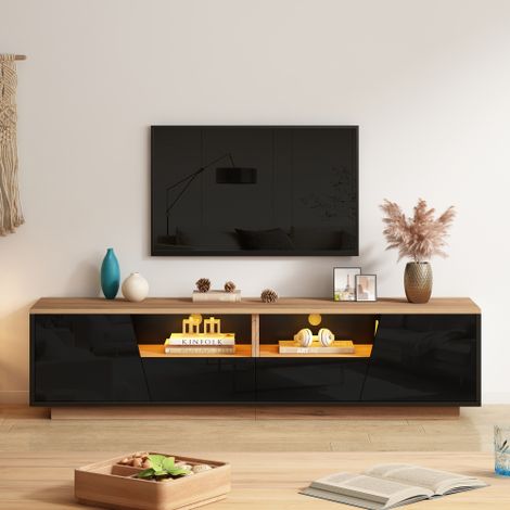 Meuble TV LED 180x40x46 cm pour TV 75 pouces, 2 portes, 2 tiroirs, 2 niches semi-ouvertes, façades brillantes, noir et bois (1/5)