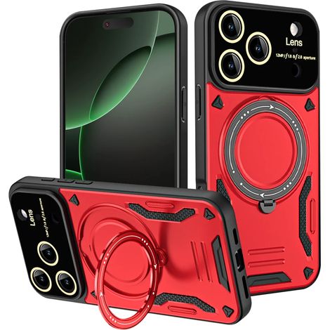 (Rouge, iPhone 16) Coque de téléphone magnétique rotative à 360° antichoc avec protection pour objectif et caméra (1/4)