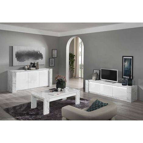 PRAVA - Ensemble Salon Blanc et Effet Marbre Meuble TV et Buffet avec Leds + Table Basse (1/5)