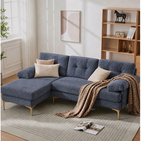 Divano angolare 3 posti reversibile sinistra/destra in ciniglia blu, piedini in metallo HAVRYA (1/5)