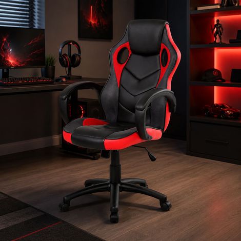 Dmora - Chaise de jeu Darlanc, Fauteuil de jeu pour adultes, Chaise de bureau, 66x61h104/114 cm, Noir et Rouge (1/5)
