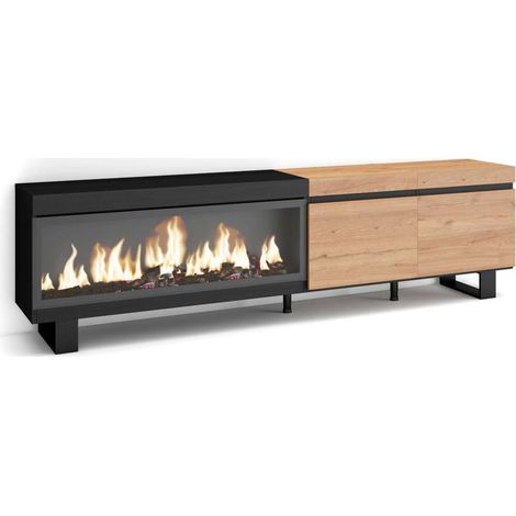 Mueble TV Guaro-01 de 210x57x35 cm con chimenea eléctrica XXL, diseño industrial, color roble y negro (1/4)