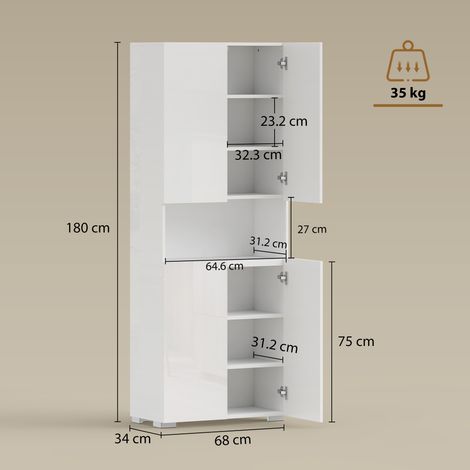 Buffet de cuisine de 180 cm de haut, meuble de rangement avec portes à fermeture douce, étagères ouvertes, deux placards, étagères réglables, meuble de cuisine moderne pour salle à manger ou salon, bl (1/5)