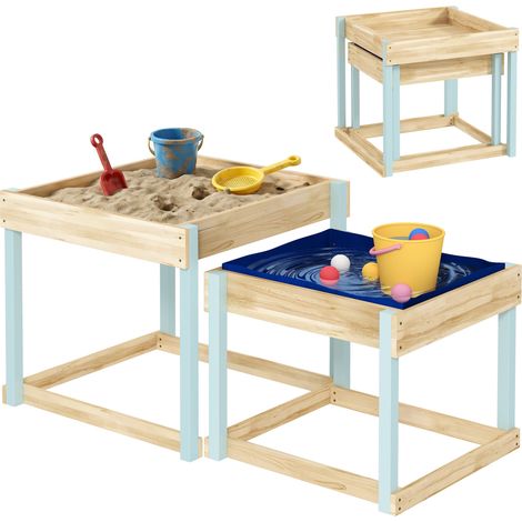 2 PCS Wooden Outdoor Sand and Water Play Tables with Bottom Liner for Kids Aged 3-8 Years Old-Natural Wood Finish (1/5)