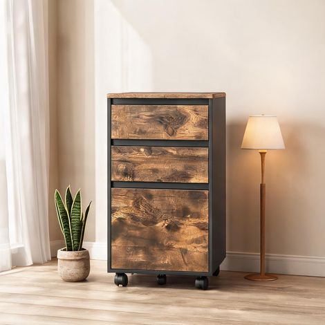 Armoire de bureau roulante en bois chêne foncé noir 40 x 40 x 70 (1/5)