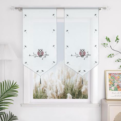 Brise-bise 1 pièce Transparent à Passer sur Tringle Blanc Court Rideau Motif brodé Chouette Gris LxH 60x120cm (1/5)