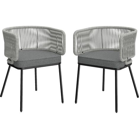 Lot de 2 Fauteuils de Jardin, Dossier et Accoudoirs en Corde Résine Tressée, Coussins Amovibles, 46x58x72cm, Gris Clair