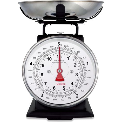 TERRAILLON - TRAD 500 - Balance de cuisine Vintage mécanique, Grand cadran, Grand bol 1L inclus, Tare manuelle, Capacité 5 Kg, Graduation 20 g, Finition Inox, Noir (1/5)