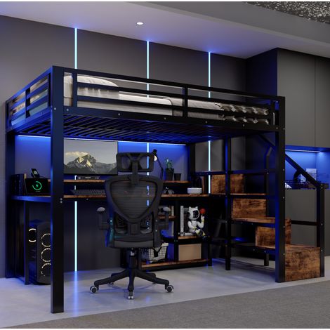 Lit mezzanine 140x200 cm en métal et MDF noir avec escalier, étagères, USB et LED (1/5)
