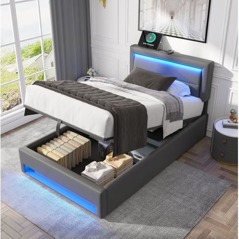 Bett 90x190 cm gepolstert in Grau aus PU mit LED, USB kabelgebunden/kabellos und Stauraum (1/5)