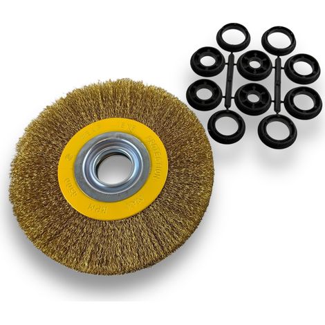 Brosse circulaire LAITON Ø 175 mm Epaisseur 2 rangs Fil dur 0.30 mm ondulé Alésage 32 mm + réducteur bague 25/22/20/16/12 mm Touret meuleuse affûteuse ponceuse Kibros 235177LT (1/5)