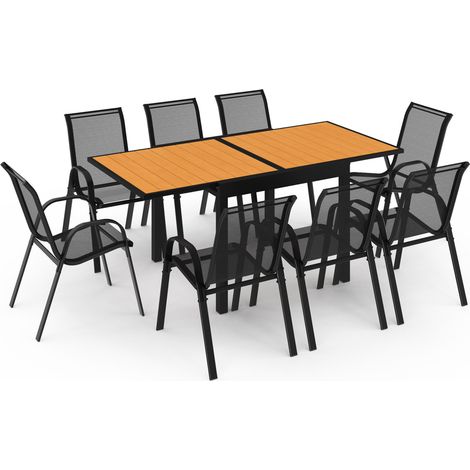 Idmarket – Ensemble table extensible 90-180 cm et 8 chaises empilables – Structure acier et composite bois gris anthracite – Confort optimal et design moderne