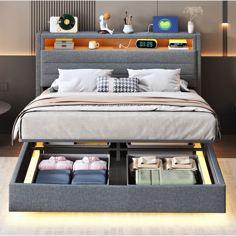 Letto contenitore imbottito in tessuto lino grigio 140x200 cm con LED, USB e rete a doghe (1/5)