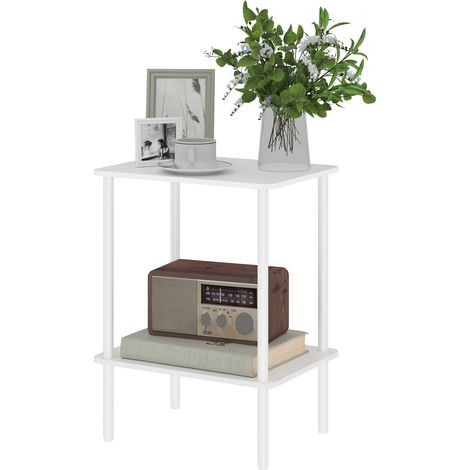 Mesa Auxiliar, Mesa de Centro de 2 Niveles con Compartimento de Almacenamiento y Estructura de Metal, Mesa de Centro Moderna para Sala de Estar, Dormitorio, Blanco