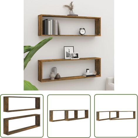 Lot de 2 Étagères murales cubiques Armoire murale Meuble Étagère Chêne fumé 100x15x30 cm 71487 (1/5)