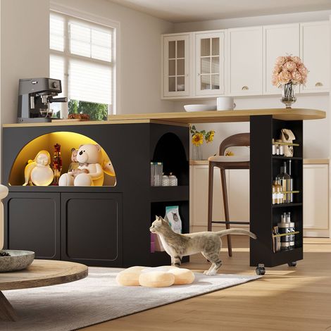 Table bar extensible 135-205 x 39 x 100 cm avec LED, rangements intégrés, portes galbées et roulettes, noir
Table bar extensible 135-205 x 39 x 100 cm avec LED, rangements intégrés, portes galbées et (1/5)