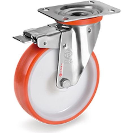 Roulette INOX pivotante à frein diamètre 80 mm roue polyuréthane rouge - 120 Kg (1/2)