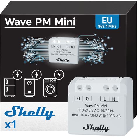 Shelly Wave PM Mini, Misuratore di Potenza Intelligente Z-Wave, 1 Canale, 16A, Domotica, Nessun Interruttore a Relè, Monitora il Consumo di Energia in Tempo Reale, Hub Z-Wave Richiesto, SmartStart (1/5)