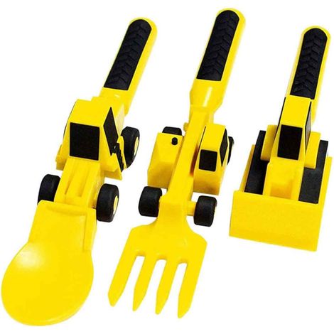 Voiture, bulldozer, excavatrice, pelle, fourche à pelle, assiette, vaisselle pour enfants, trois ensembles (1/5)