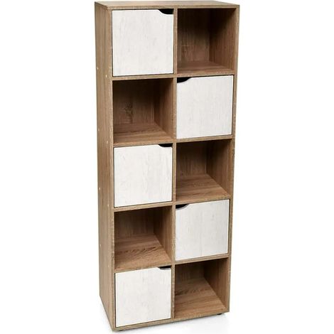Moderner Aufbewahrungsschrank Ares 60 x 30 x 153 cm, bicolor in Holzoptik und Weiß, 8 Fächer, 4 offen, 4 mit Türen