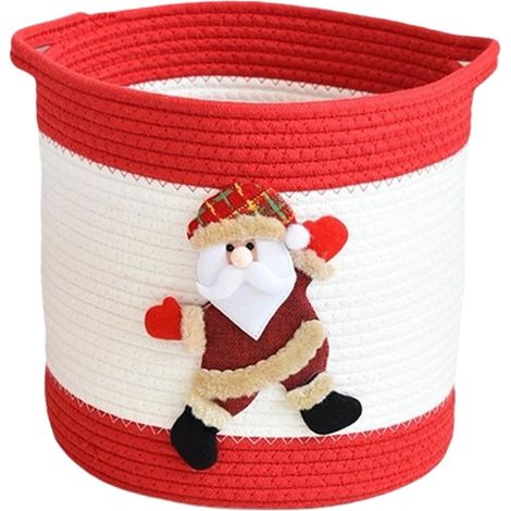 Cesta navideña de cuerda de algodón trenzada con estampado de dibujos animados, ideal para ropa sucia, libros, juguetes y aperitivos.