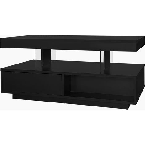 Tavolino da salotto nero lucido, 4 pannelli in vetro, 2 cassetti, 2 vani, 95x50x42,5 cm (1/5)