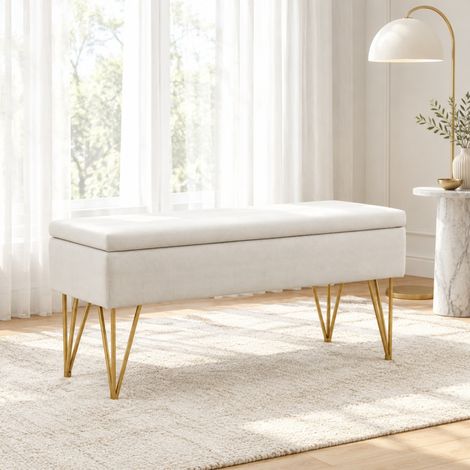 Sitzbank mit Stauraum, Polsterbank in Leinenoptik, 100 x 40 x 49 cm, Creme, OKMYHOME (1/5)