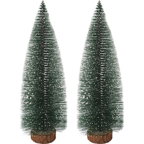Lot de 2 Mini Sapins de Noël Décoration Table Fenêtre Arbre Artificiel Pin Neige Base Bois Réaliste (1/5)