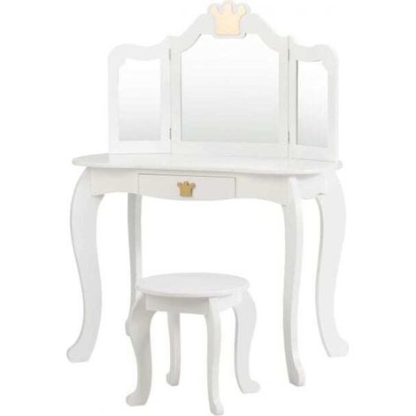 Kids Vanity Table and Chair Set with Mirror & Drawer for Girls-White (1/5)