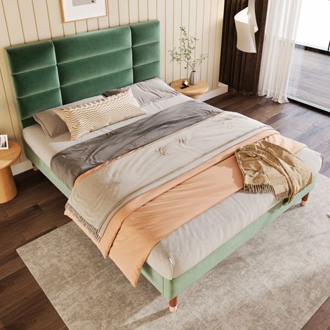 DESVIAE Lit double rembourré avec matelas 140 x 200 cm velours vert tête de lit capitonnée sommier à lattes rangement sous lit soutien orthopédique 7 zones pour adultes et adolescents (1/5)