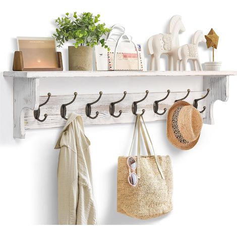Porte-Manteau Mural avec Étagère, 8 Patères, Pin Massif, 91 cm (1/5)