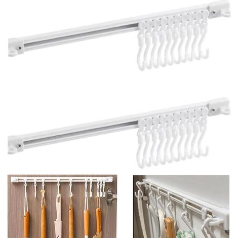 Ein Set aus 2 weißen, multifunktionalen Schiebehaken (40 cm/15,7 Zoll), wandmontierten Klebe-Küchenregalen, die Platz sparen und mit 10 Haken geliefert werden.