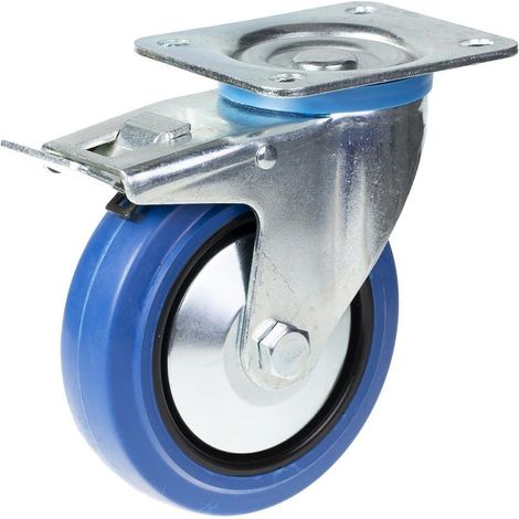 Roue pivotante/freinante de 125 mm avec caoutchouc élastique bleu sur roue centrale en nylon (1/5)