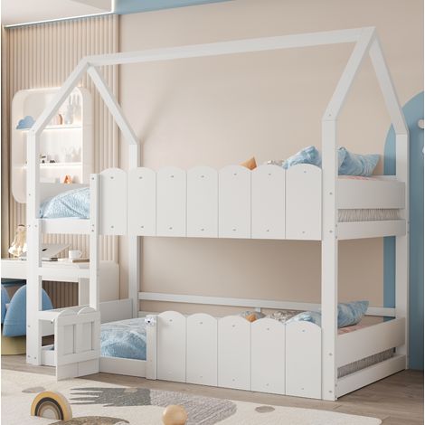 Lit enfant superposé 90 x 200 cm en bois, design maison avec barrières de sécurité, blanc DESVIAE (1/5)