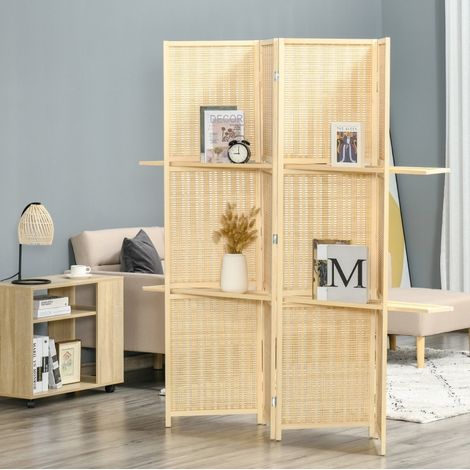 Paravento divisorio pieghevole a 4 pannelli con 2 ripiani 180 x 180 cm bambù naturale OKWISH (1/5)