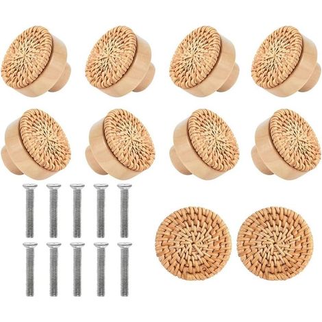 10PCS PoignéEs en Bois HêTre Rotin Tiroir Boutons Meubles PoignéE Cuisine Placard Porte PoignéE Commode Tire, 45MM (1/5)