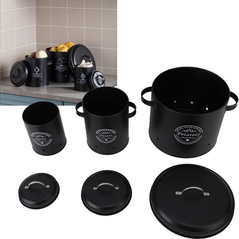 Ensemble de 3 boîtes de conservation pour pommes de terre, oignons et ail, modèle A, noires. (1/5)