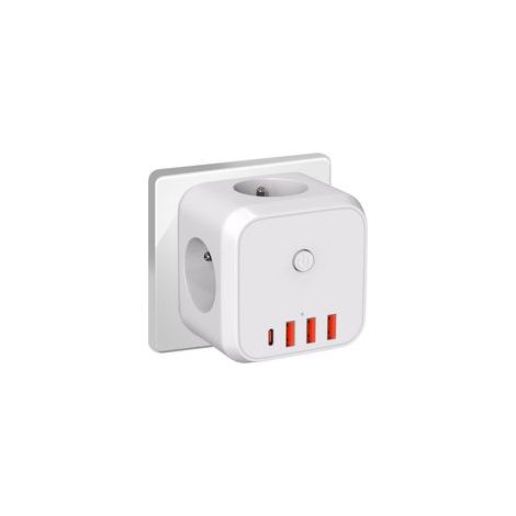 Multiprise Murale Cube 7 en 1 avec Protection Contre Les Surcharges&Parasurtenseurs,Multiprise Cube 4000W/16A avec Porte de Sécurité,Multiprise Electrique Portable pour Bureau Voyage-Blanc