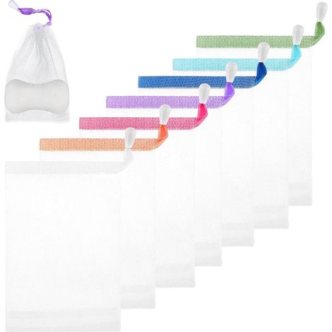 Set mit 7 Sacs und Savon aus Nylon, Filet Mousse Cordon de Serrage, Sac de Bain und Nettoyage Facial pour la Douche, Bulles, Peeling, Shampooing (1/4)