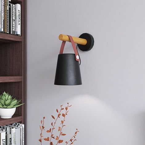 Set of 2 Vintage Minimalist Indoor Wall Lamps Modern E27 Wall Light with Metal Shade and Wooden Holder for Bedroom, Study and Hallway (Black) (1/5)