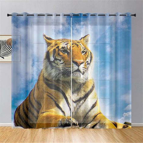Juego de 2 cortinas transparentes con estampado de tigre, cortinas semitransparentes con ojales, cortinas decorativas para dormitorio y sala de estar (132x182cm, azul cielo) (1/5)